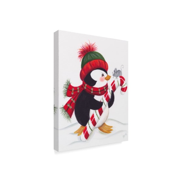 Beverly Johnston 'Penguin With Mouse On A Candy Cane' Canvas Art,18x24